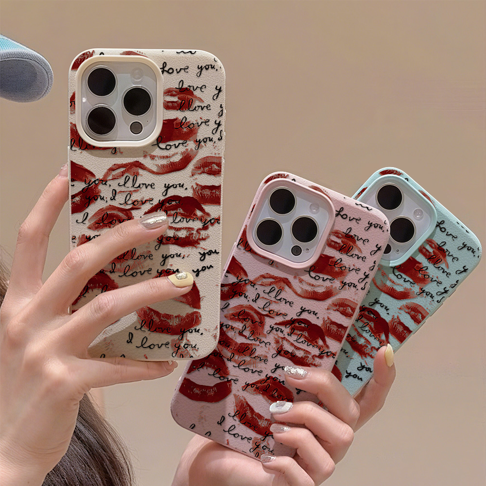 Phone Cases Leather - Helle rote Lippen Leder Handyhülle für